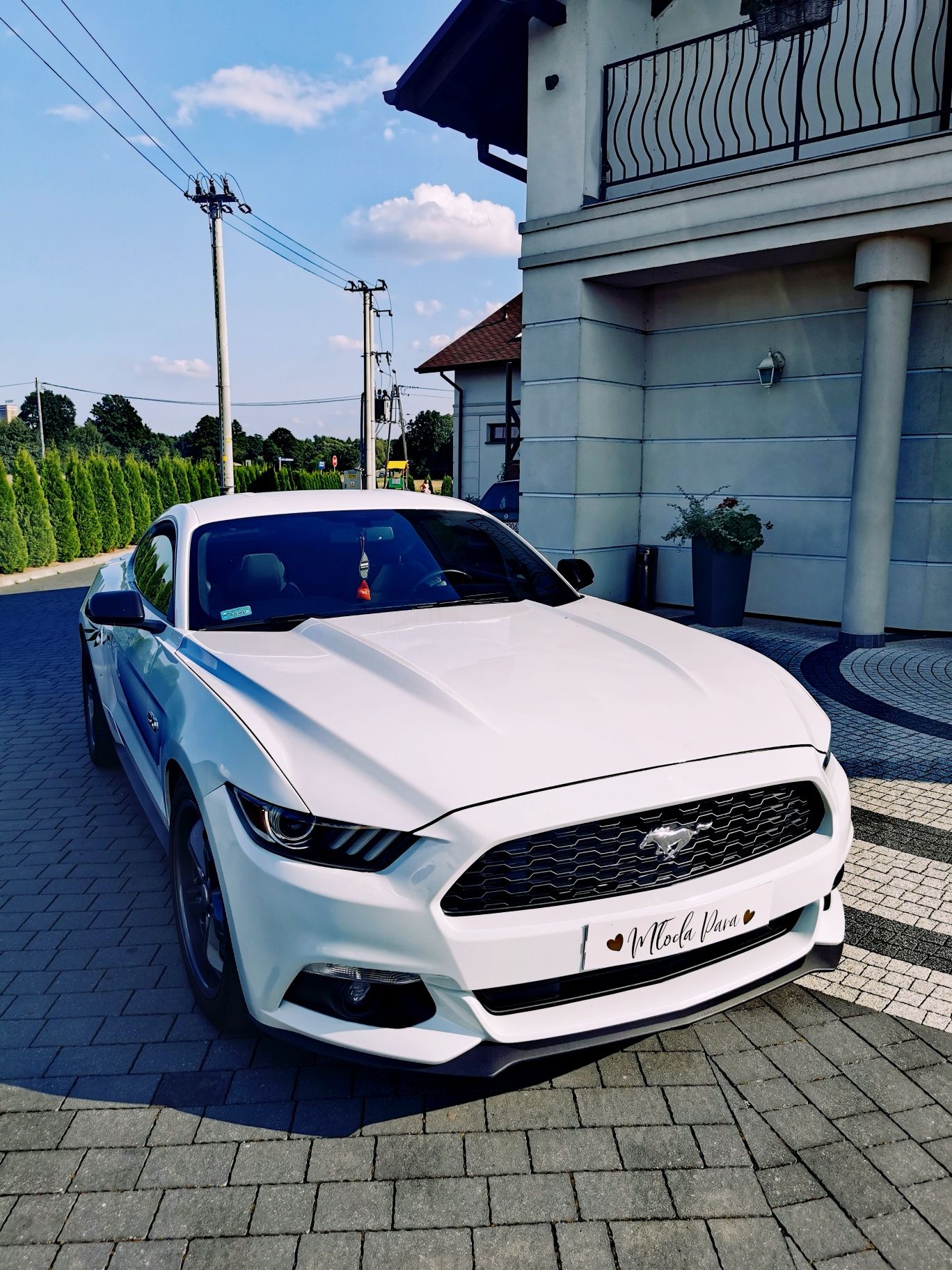 Piękny biały Ford Mustang samochód auto do ślubu wynajem wolne terminy