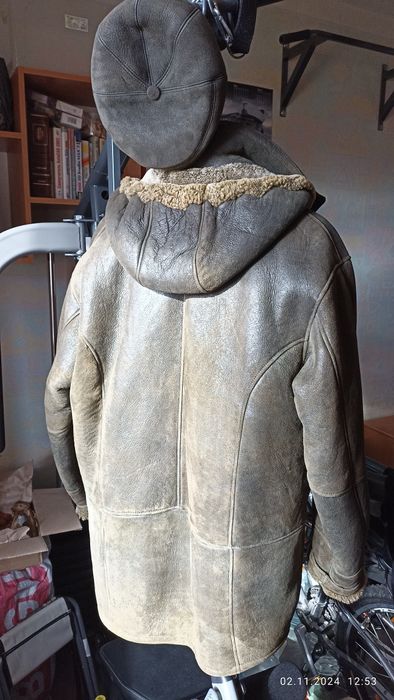 Дублёнка мужская с капюшоном оливковая XXL