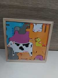 Nowa drewniana układanka Montessori,gra ,klocki 3 D ,zwierzęta,farma