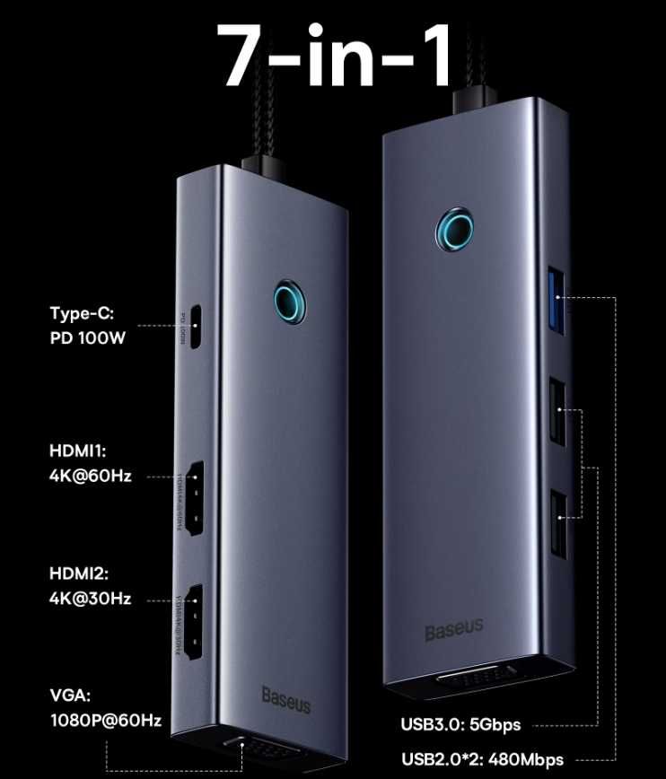 Хаб/док стація Baseus usb hub 7 в 1 - 2 HDMI 4K 60Hz /VGA/PD/USB