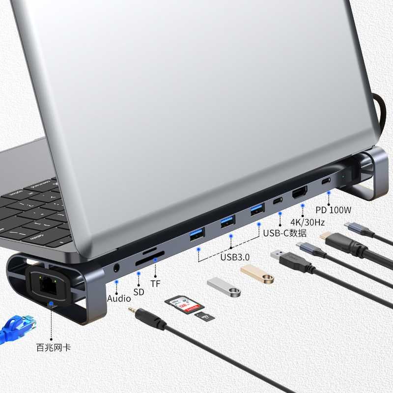 Rozgałęziacz HUB Przejściówka USB-C 10w1 3xUSB HDMI SD TF VGA JACK LAN