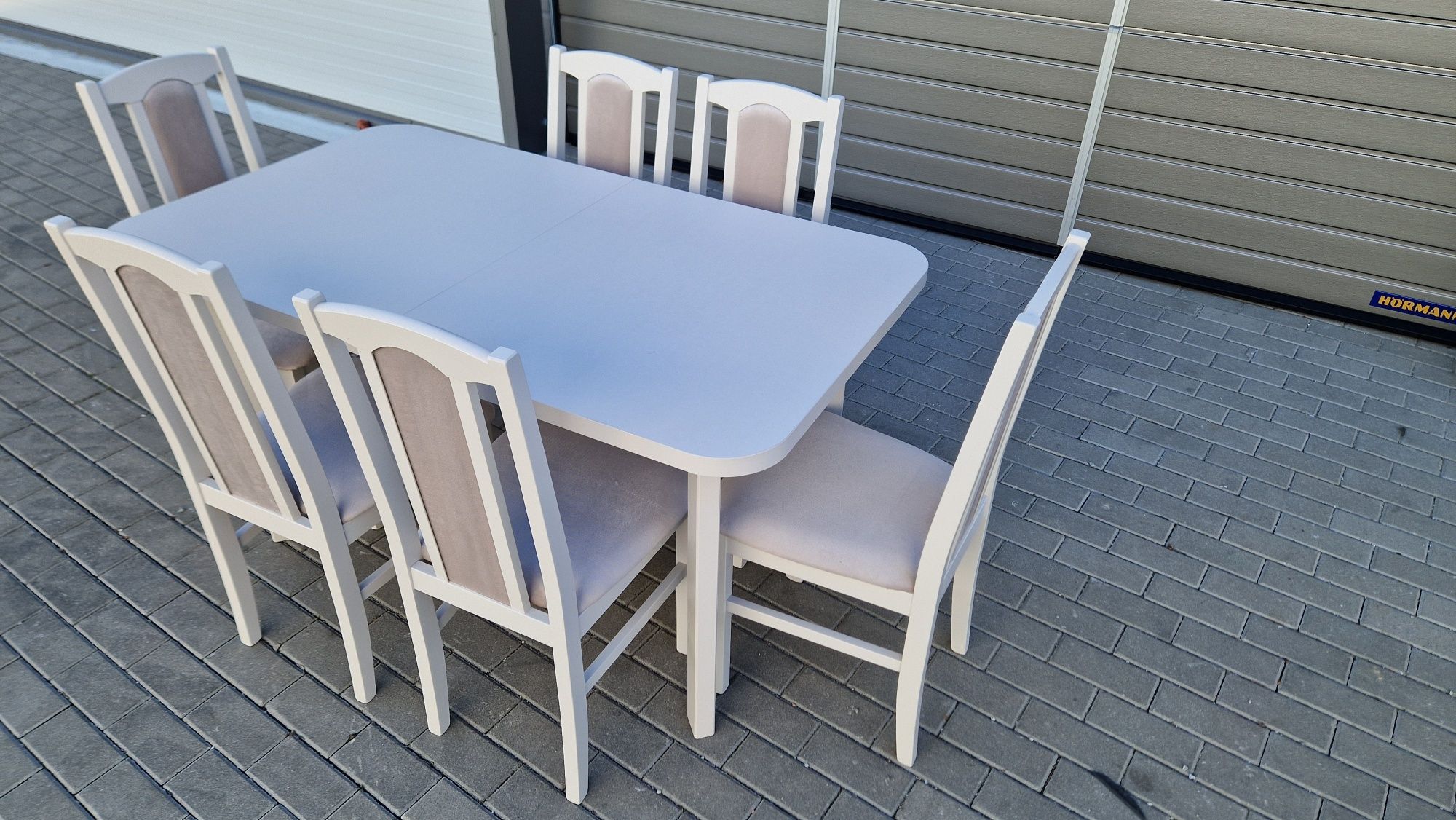 Nowe: Stół 80x140/180 + 6 krzeseł, KASZMIR + LATTE, transPL