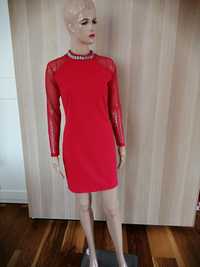 Elegancka obcisła czerwona sukienka prześwitujące rękawy 36 S