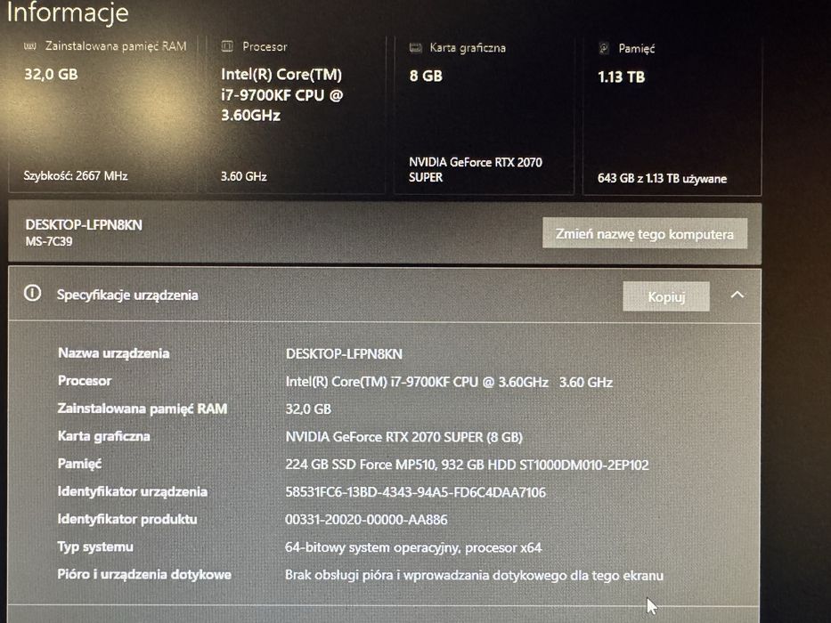 Komputer i9700kf 32gb rtx 2070s