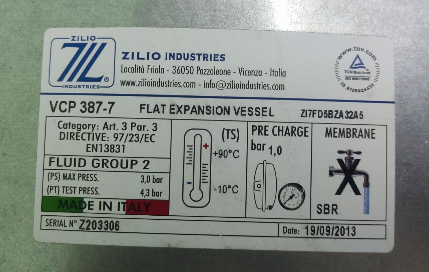 Расширительный бак zilio VCP 387-7 литров (плоский)