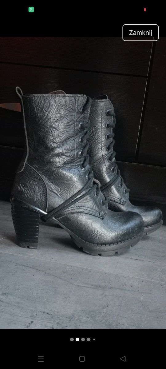 Buty new rock 37 czarne na obcasie ze skóry wiązane gothicana na zamek