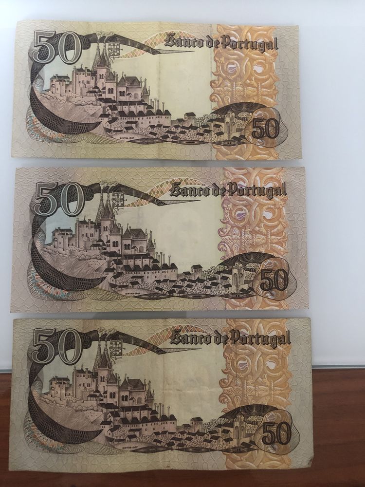 Lote de 3 notas de 50 escudos. Infanta Dona Maria. Ano de 1980