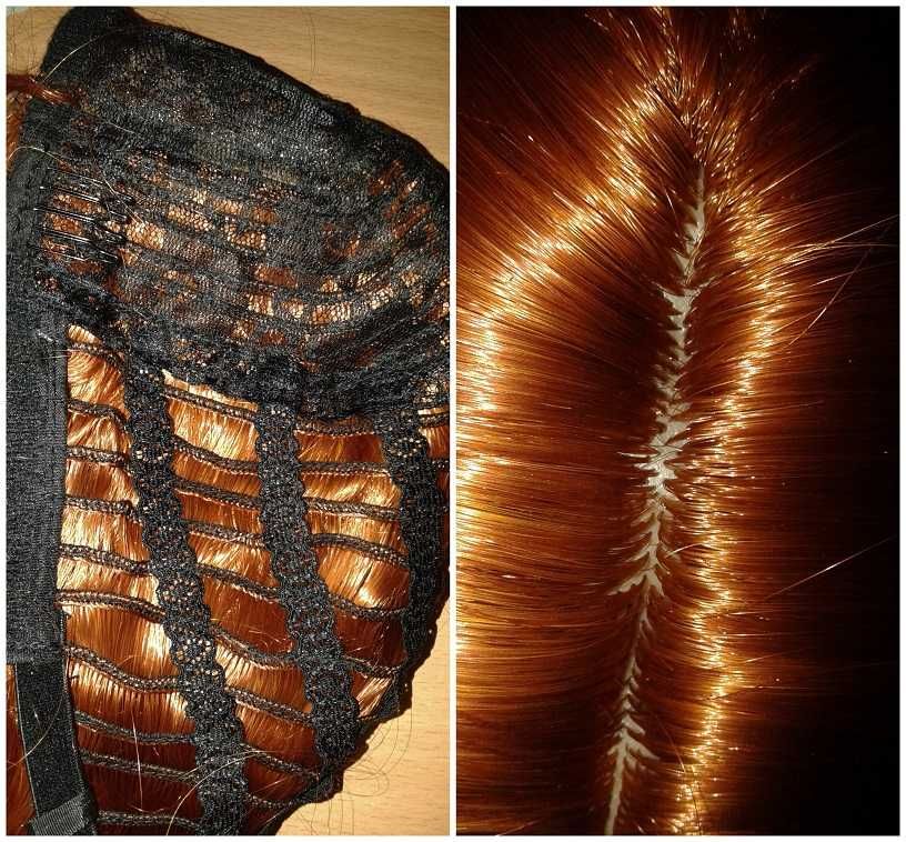 Ruda długa peruka falowana z przedziałkiem karbowana cosplay wig