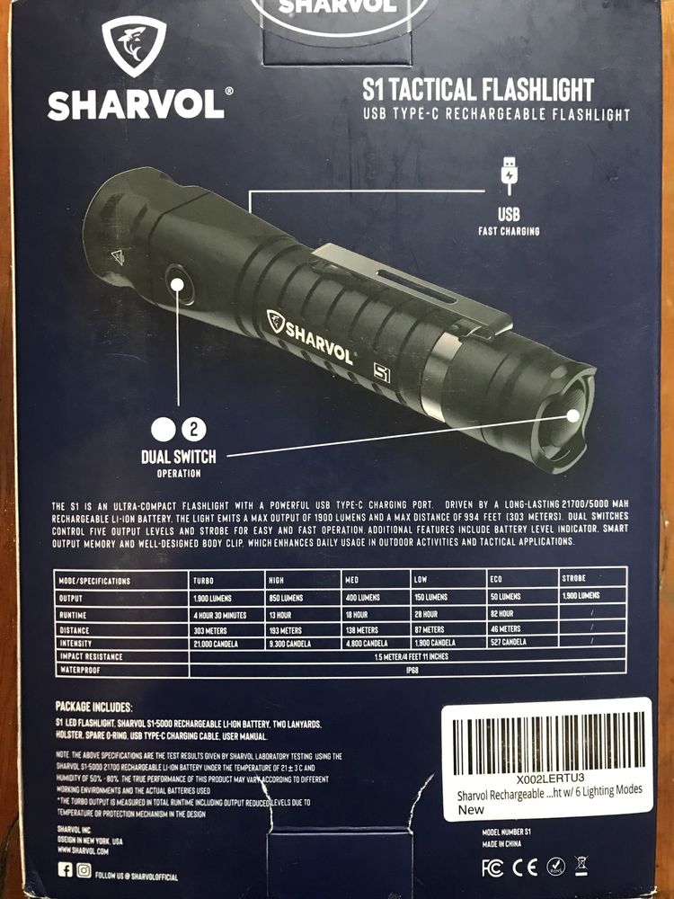 Тактичний ліхтар Sharvol S1 usb-c 21700 IP68 1900 люмен