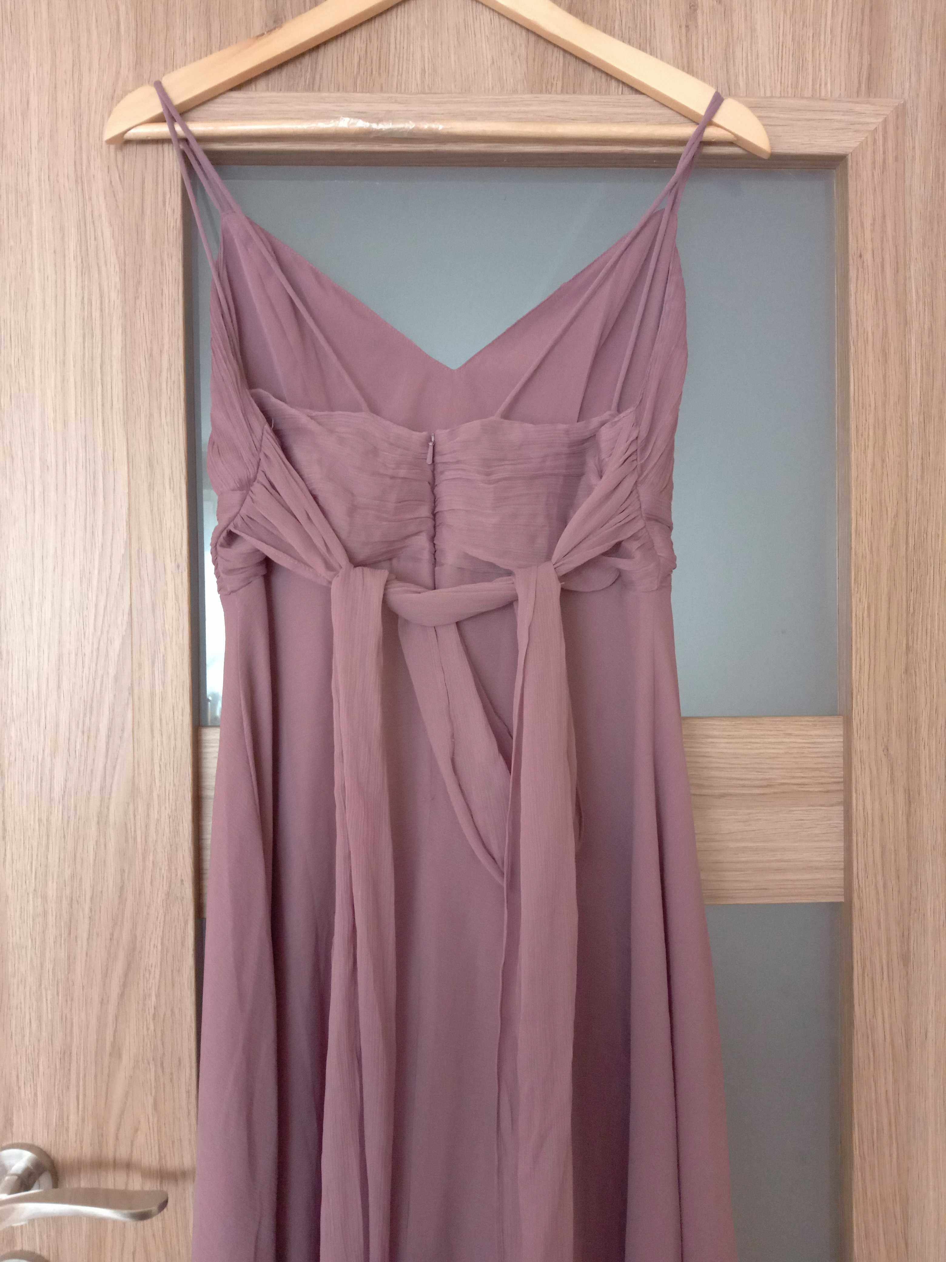 Fioletowa wrzosowa sukienka maxi długa dekolt marszczony zwiewna 36 s