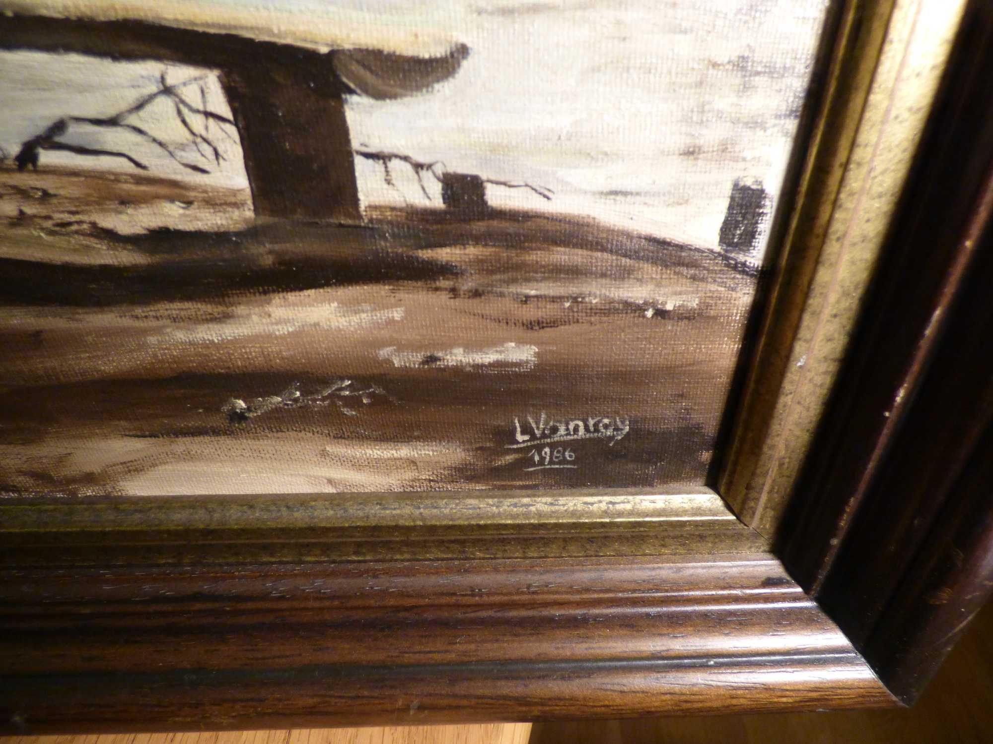 Stary obraz olejny ławeczka nad stawem, stary obraz