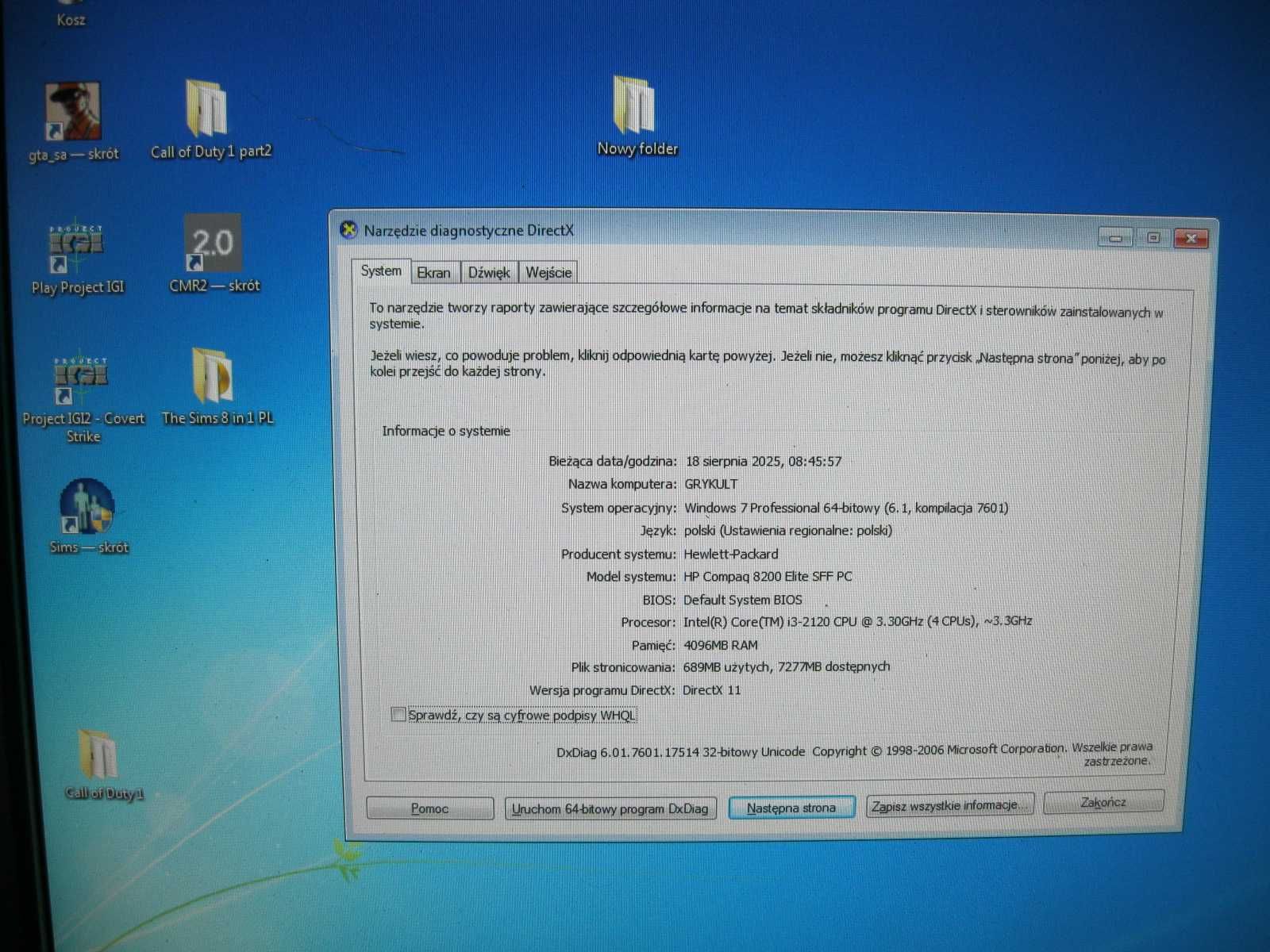 Gry Komputer HP 8200 i3+ kultowe gry IGI Project , GTA , Sims CoD rar