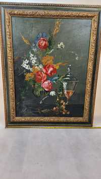 Obraz olejny duży martwa natura kwiaty kompozycja z ramą 70x55