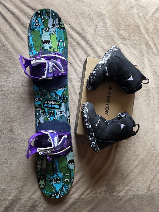 Zestaw Burton deska snowboard 100cm, wiązania, buty 33