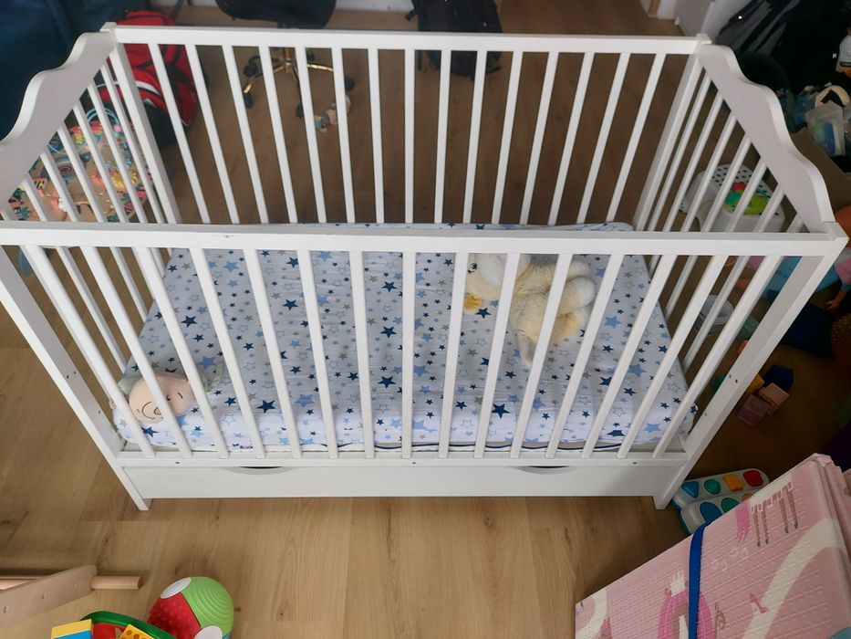 Łóżeczko Dziecięce 120x60 Białe z Dużą Szufladą, 3 poziomy