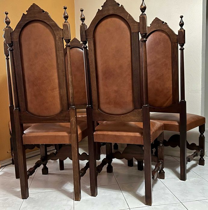 6 Cadeiras de Sala de Jantar em Madeira maciça e Pele - Vintage