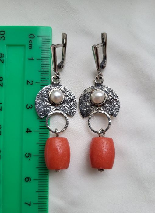 Серьги новые натуральный жемчуг коралл серебро 925 пробы
