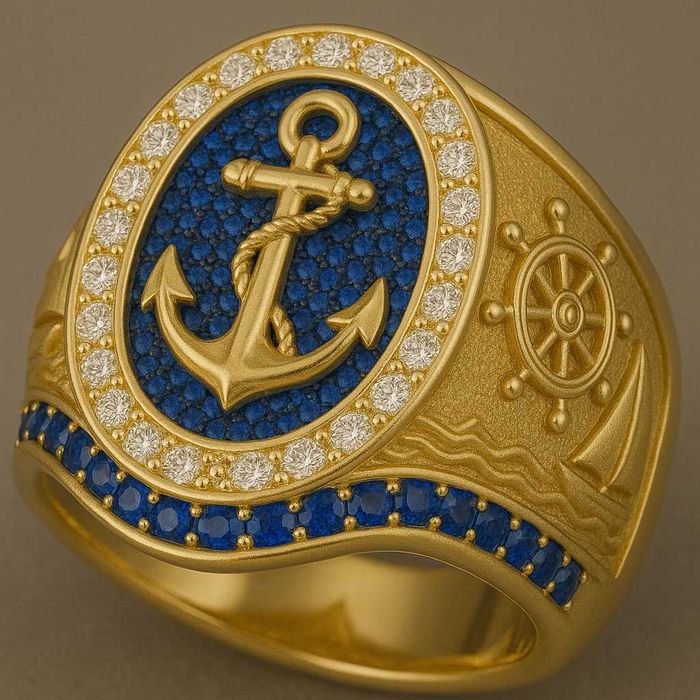Złoty sygnet pierścień Marynarza Kapitana Żeglarza 18g pr 585 z brylan