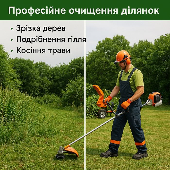 Професійне очищення ділянок — Зрізання дерев, подрібнення гілля,