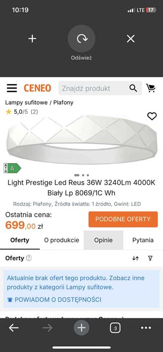 Lampa plafon  Light Prestige Led Reus 36W 3240Lm 4000K Biały