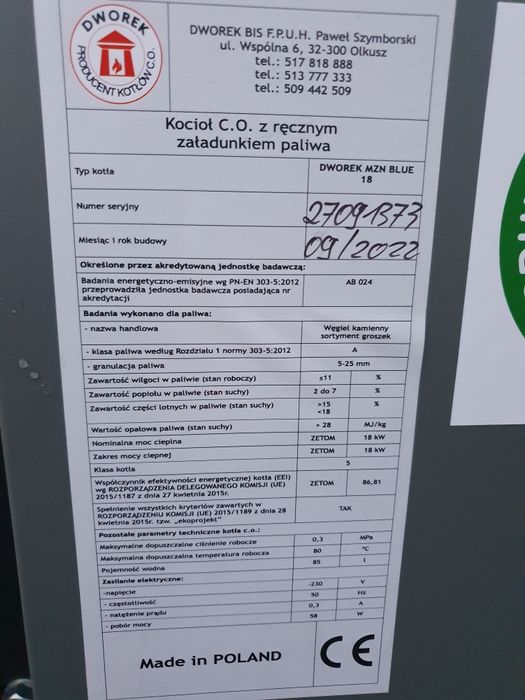 Kocioł zasypowy 18 kw 5 Klasa firmy Dworek