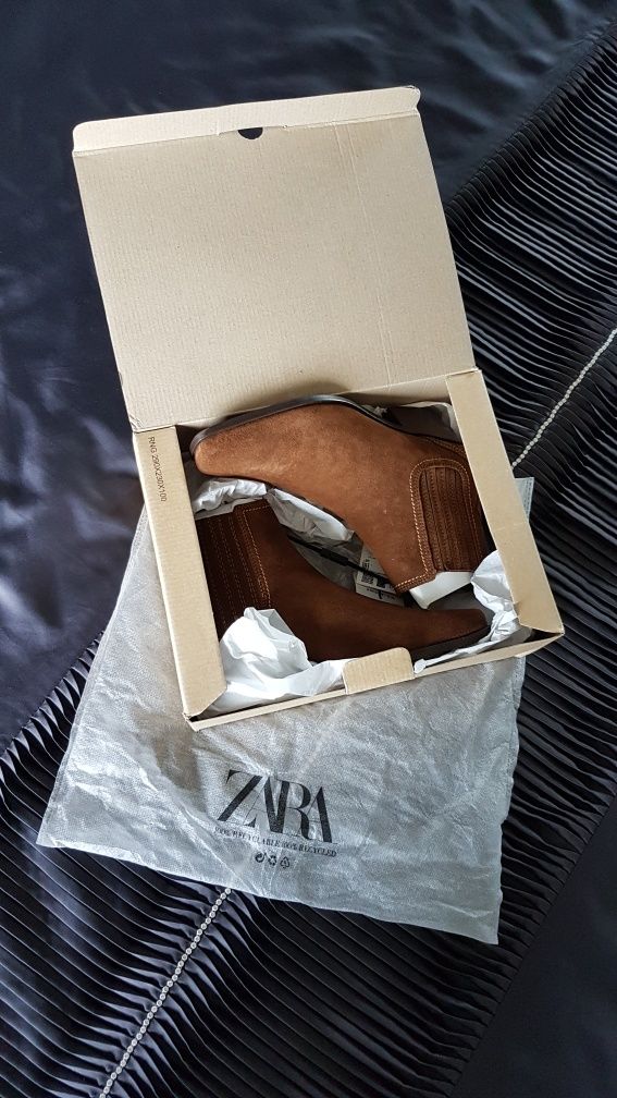 ZARA nowe botki kowbojki, SKÓRA, zamsz, r. 35 w cenie zakupu!