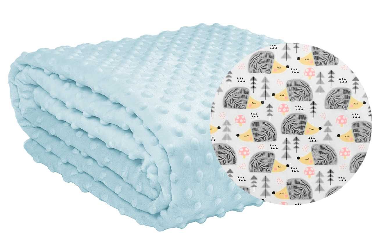 2w1 Dwustronna Narzuta Dziecięca Łóżko Koc Jeże Błękitny Minky 80x160