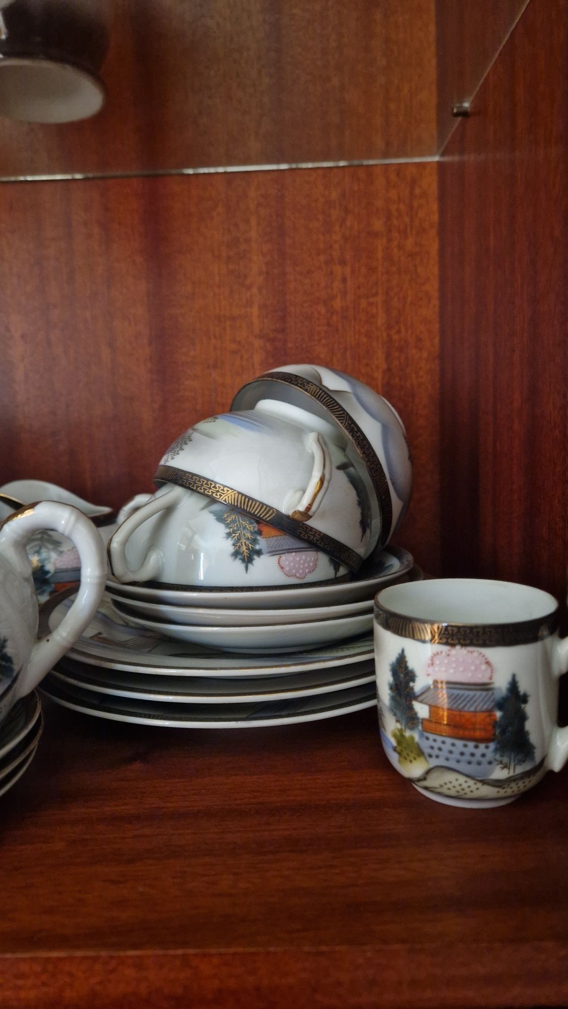 Conjunto de chá japonês antigo com geisha escondida (15 peças)