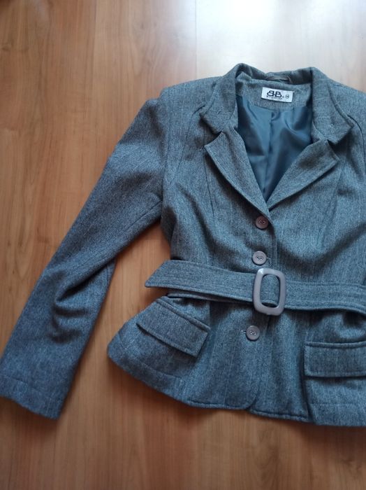 Marynarka żakiet jodełka szara siwa 38 M pasek