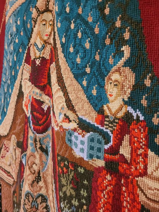 Gobelin PRL Dama z jednorożcem haft wełną 110/150 na listwie