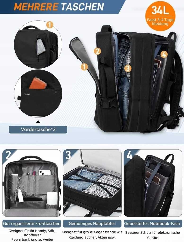 BECOJADDE Plecak, bagaż podręczny w samolocie, 45 x 36 x 20 cm