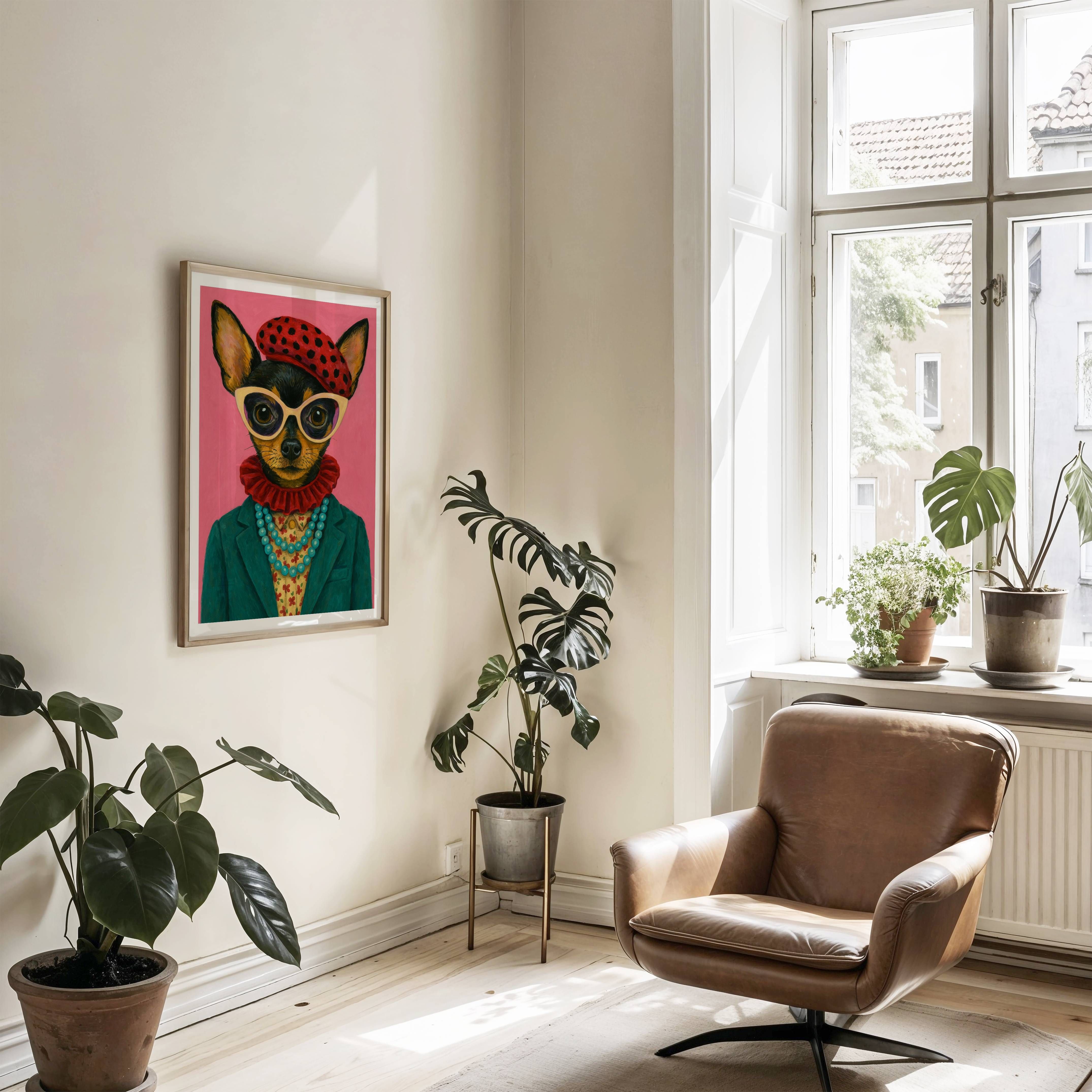 Plakat 50x70 pies chihuahua w okularach – śmieszna Pop Art do salonu