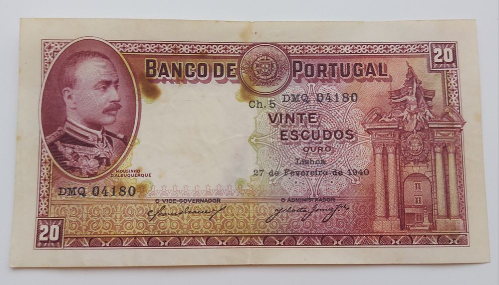 Nota antiga 20 escudos 1940 Banco de Portugal - Mousinho de Albuquerqu