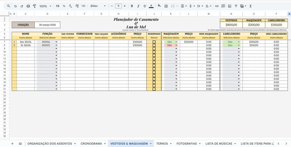 Planejador de Casamento e Lua de Mel - Pacote de Planilhas - 18 Abas !