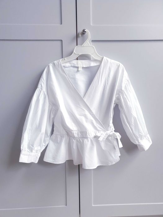 Biała koszula kimonowa kopertowa H&M 34 36 krótka bufiasty rękaw