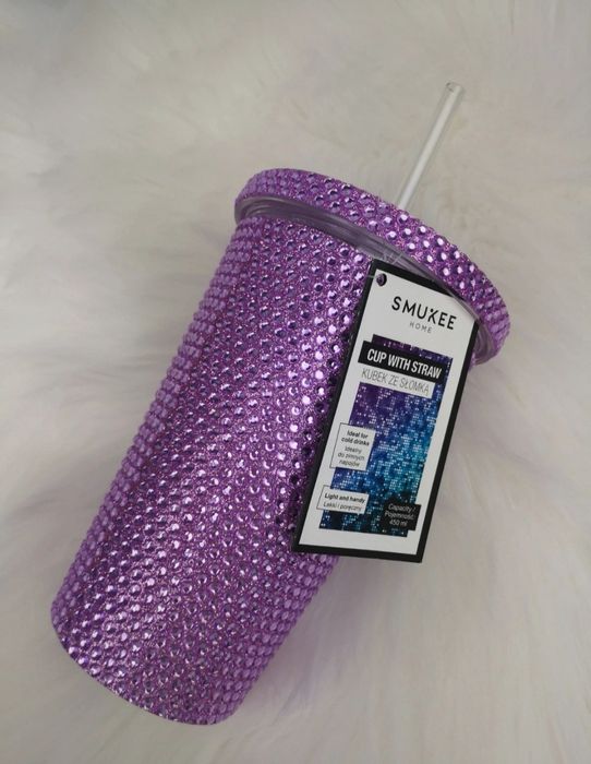 Błyszczący fioletowy kubek ze słomką duży kubek 450 ml nowy z metką