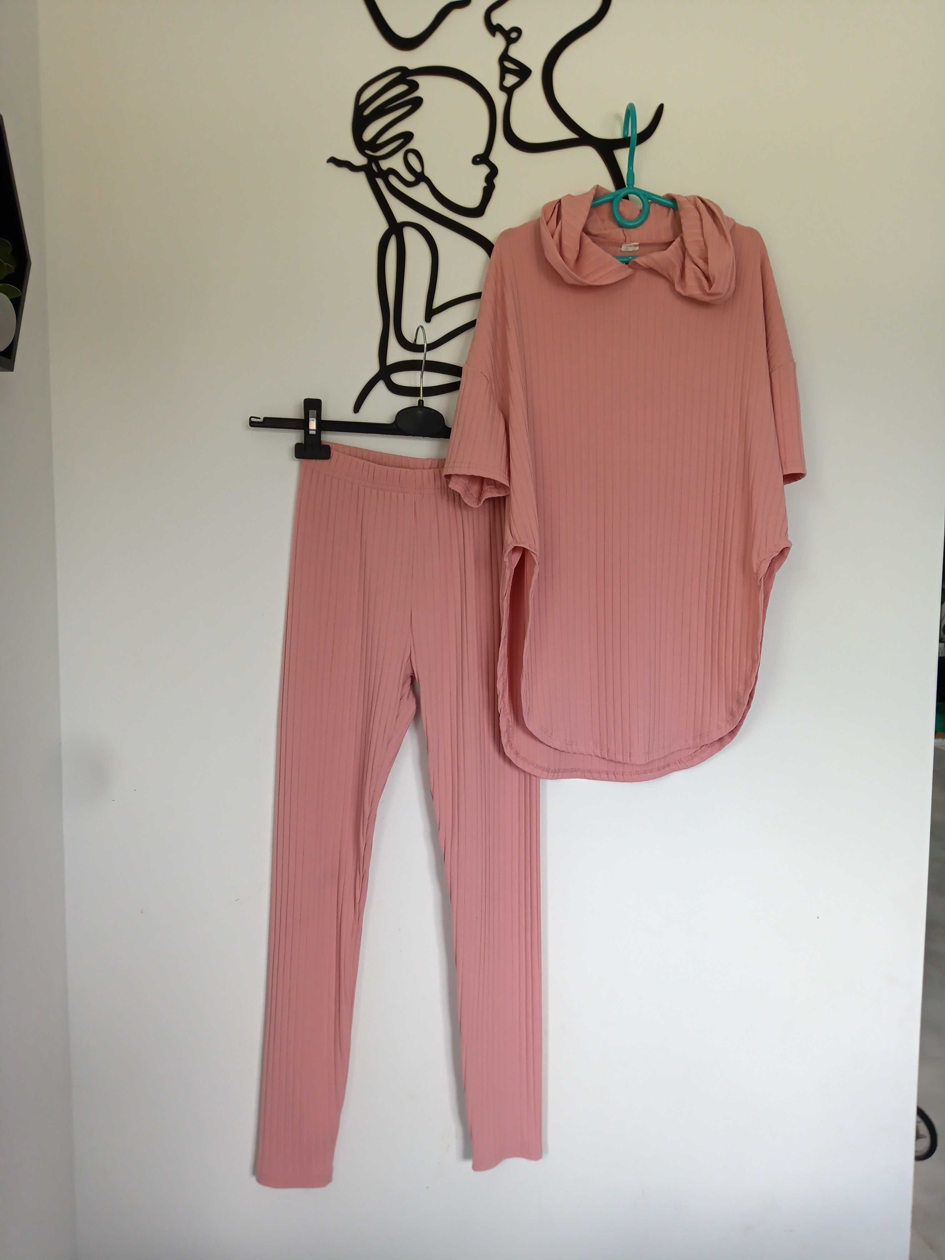 Komplet prążek damski leginsy bluza s/m pudrowy róż sportowy dres