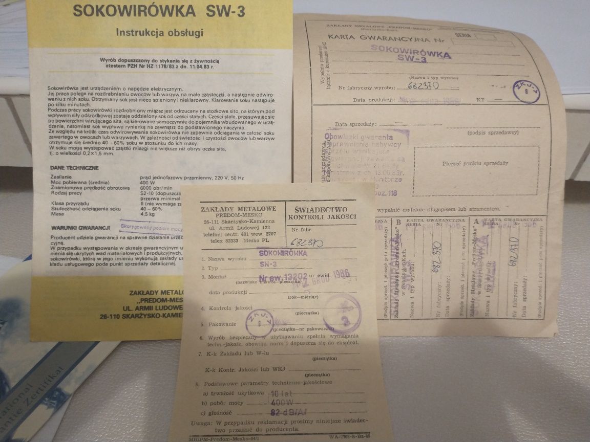 Stara instrukcja obsługi sokowirówki SW-3 z 1986 roku