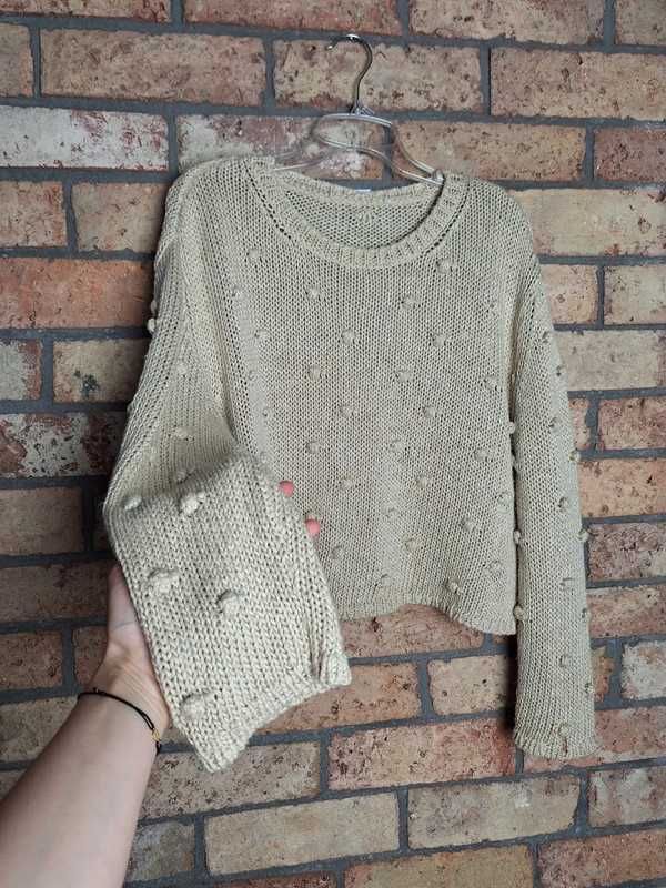 Beżowy sweter z kuleczkami, z lnem, dzianina, modny ZARA 36 8 S