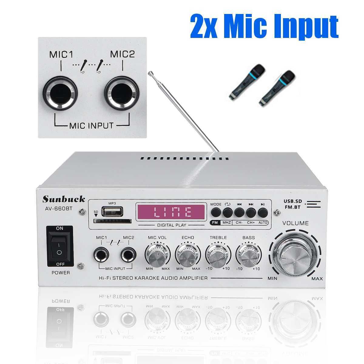 Amplificador  2.0 canais 12v 220v  eq sd usb 2 mic 5.0 bluetooth 800w