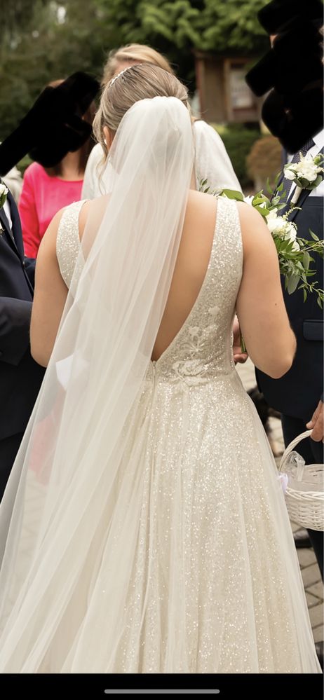 Suknia ślubna S 36 błyszcząca brokat tren Allegresse Rosette