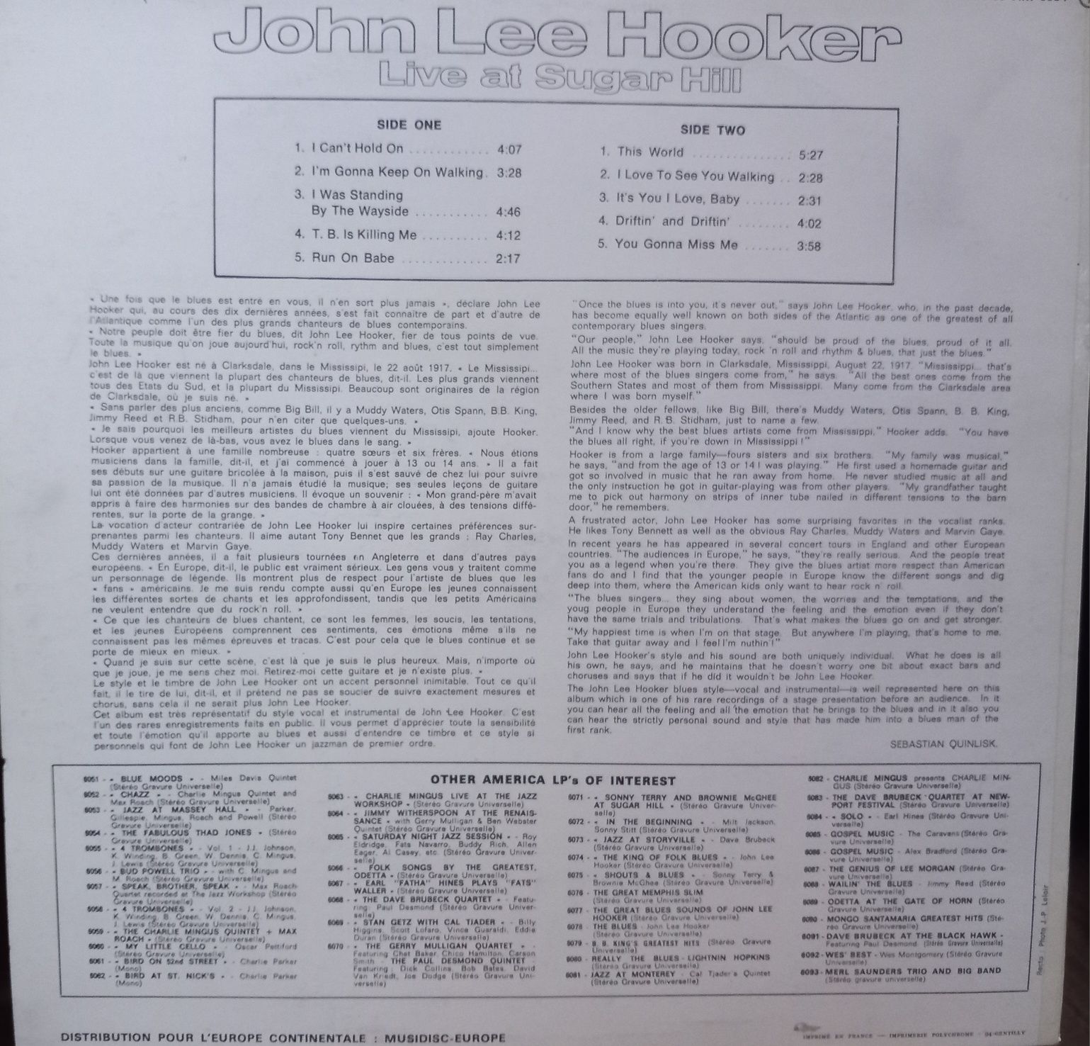 John Lee Hooker LiveAtSugarHill LP Winyl FR EX