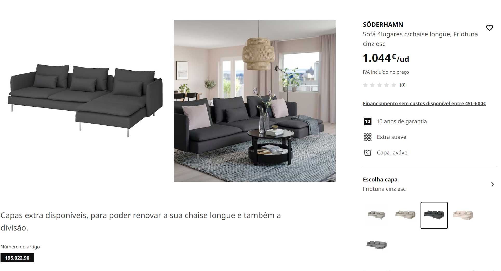 Sofá Ikea cinzento escuro  c/chaise longue