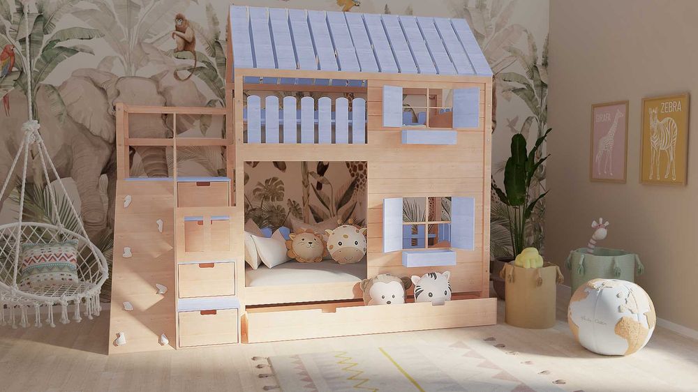 Łóżko piętrowe domek ze schodami i ścianką wspinaczkową