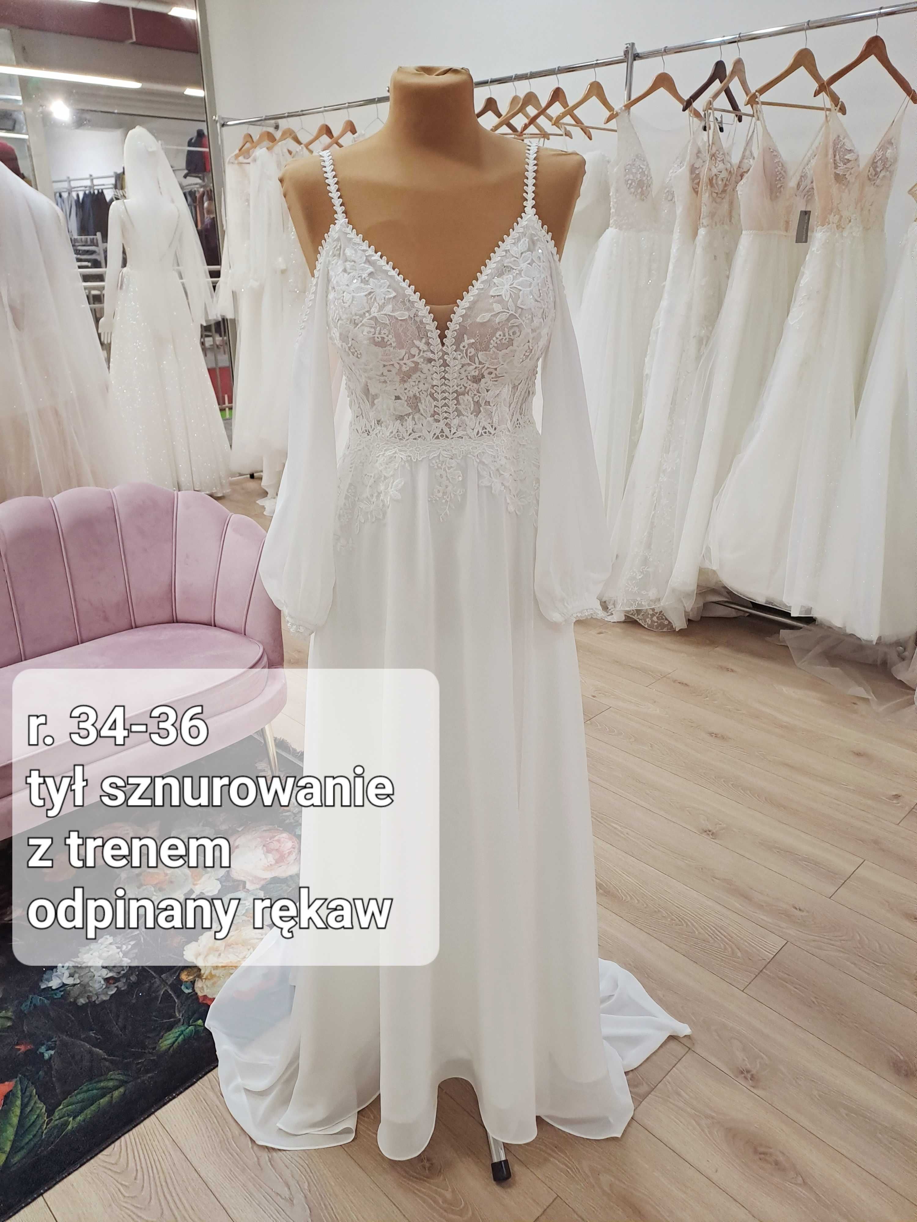 Nowa suknia ślubna boho koronkowa z rękawem szyfon muślin 34 36 38
