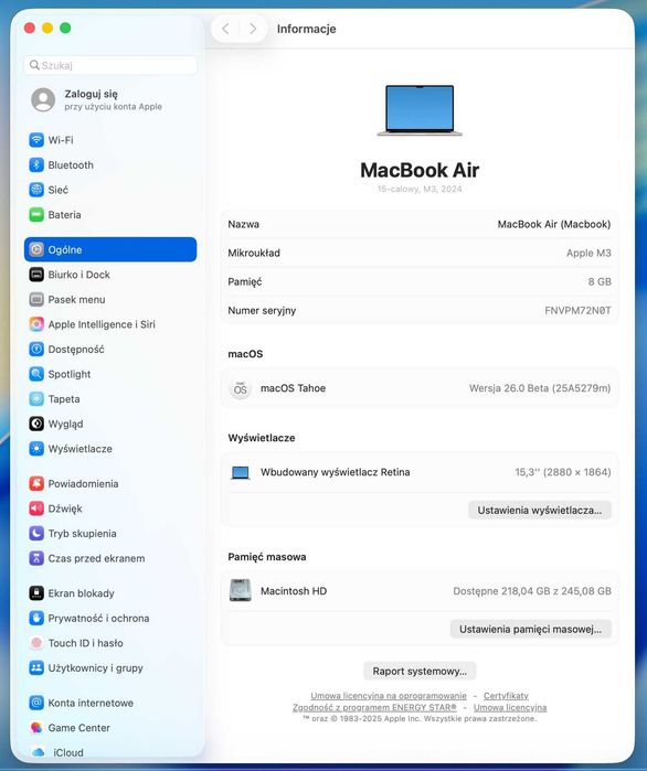 Laptop MacBook Air 15 M3 2024 /15.3 /M3 /8GB /256GB /MacOs Tachoe 26.0