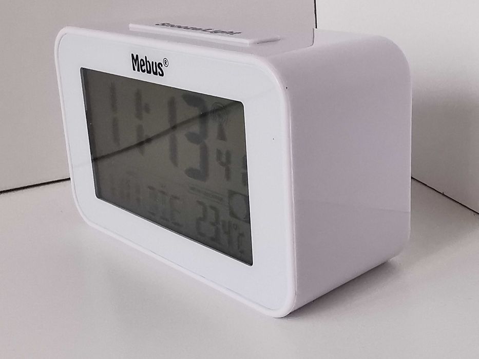 Budzik Zegar Termometr MEBUS Radiowy DCF Podświetlany LCD
