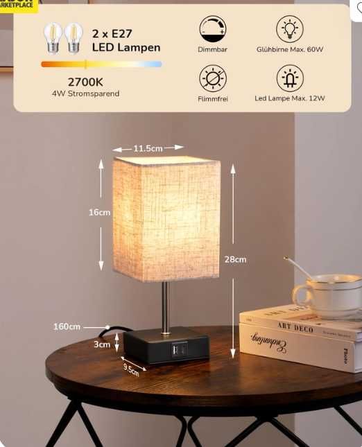 EDISHINE – 2 lampki nocne dotykowe z USB A + C, beżowy abażur