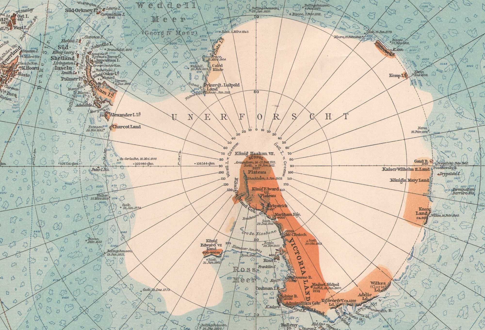 Antarktyda Biegun Pd. Wyprawy polarne duża efektowna mapa 1922 r. aute