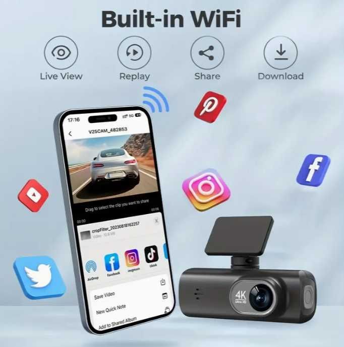 Видеорегистратор 2 камеры 4K UltraHD + microSD 64GB WiFi dash cam 170°